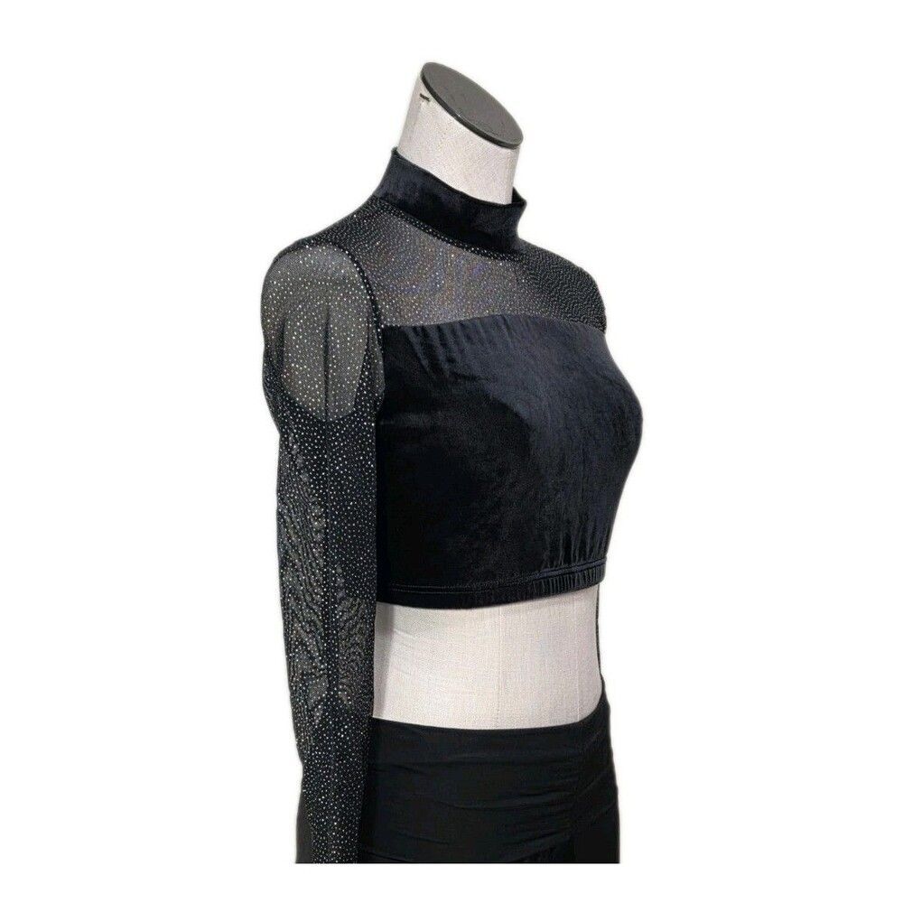 Body Wrappers VTG 90s Mesh Velvet Mock Neck Dance Midriff Glitter Top Adult L - Picture 7 of 16